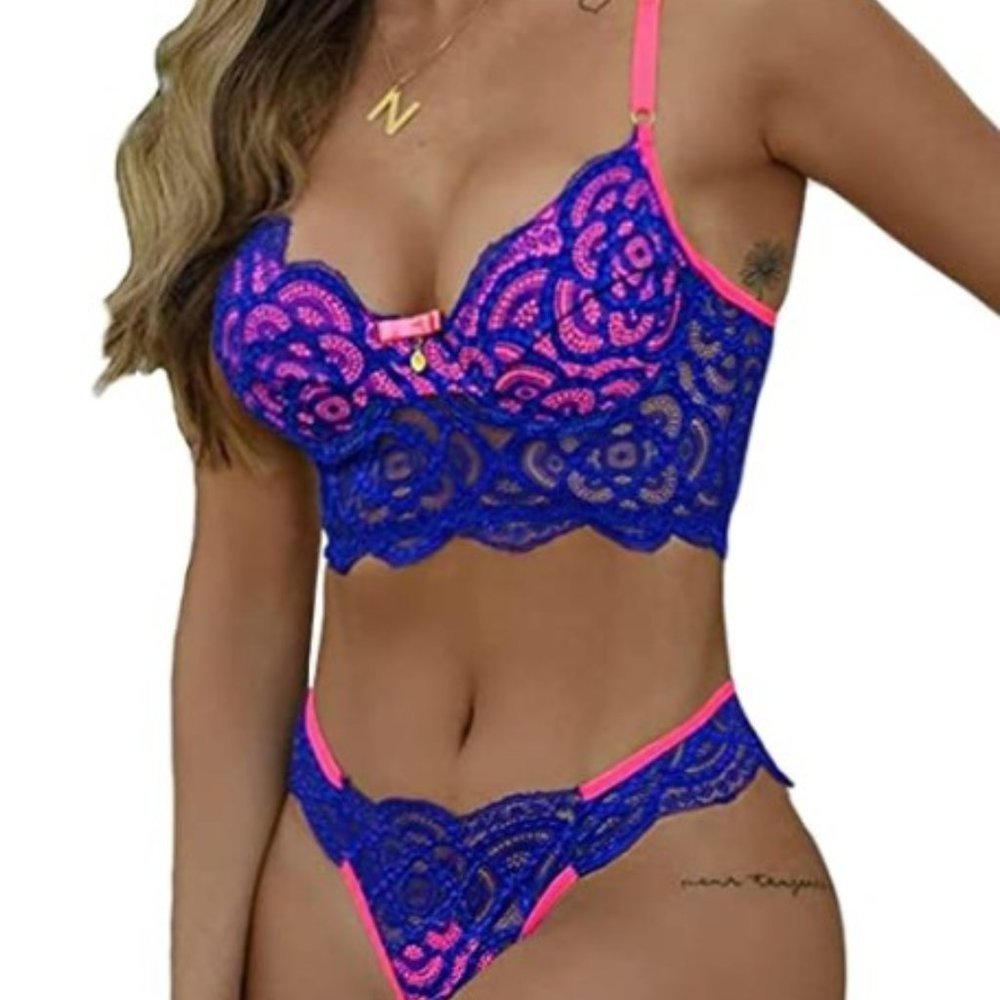 Women's Neon Blue Pink Lace Floral Bow Hook Eye Bra High Leg Panty Lingerie Set